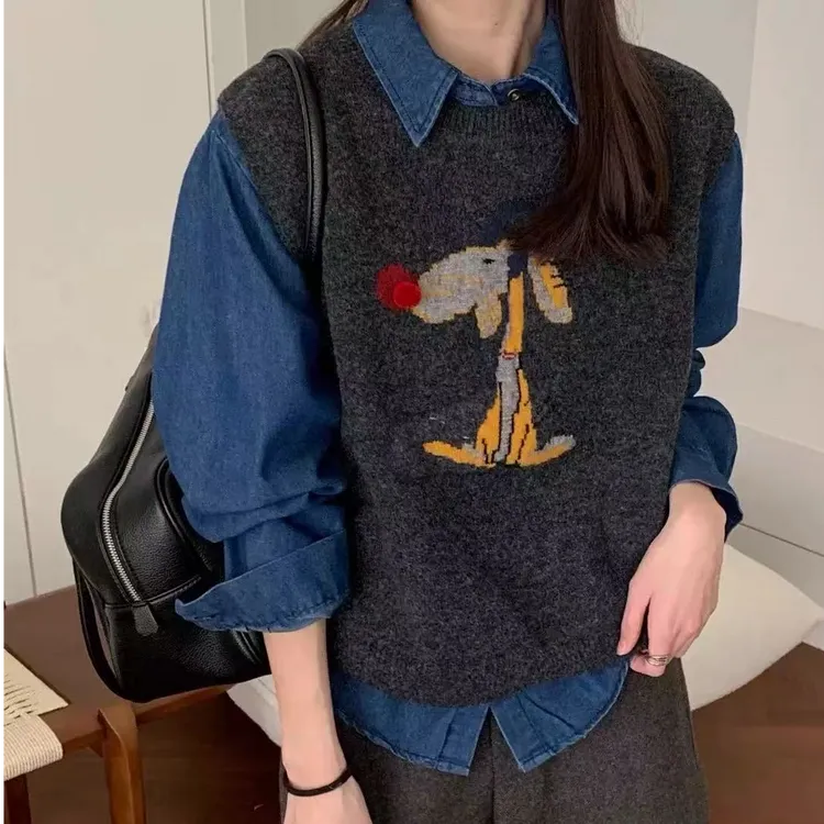韩系卡通动物提花针织背心女秋冬季新款叠穿圆领无袖内搭坎肩上衣