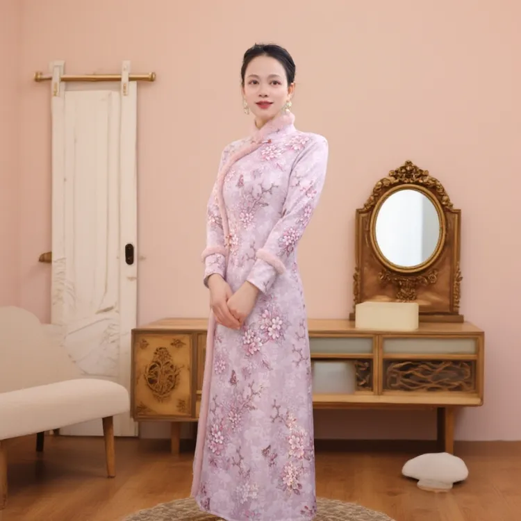 长款120加绒加厚气质复古改良日常新中式改良毛领冬季旗袍裙 冬梅