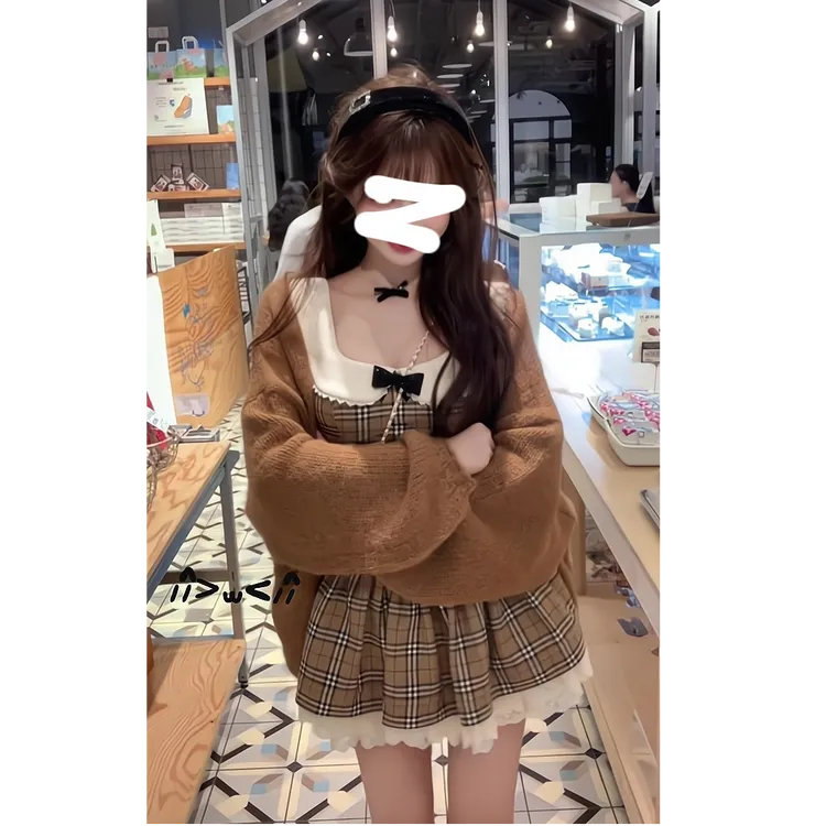 甜辣纯欲风穿搭针织开衫长袖上衣日系甜美格子连衣裙套装女S11302