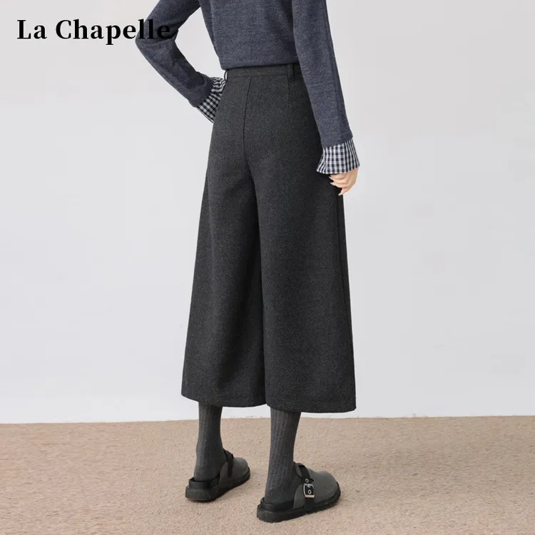 拉夏贝尔深灰色毛呢西装直筒裤女秋冬季宽松小个子加厚八分阔腿裤