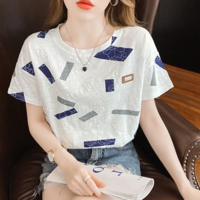 2025年夏季薄款韩版宽松显瘦休闲印花款短袖t恤女士小众圆领半袖.