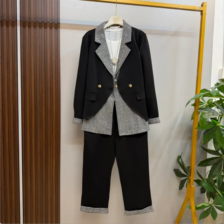 早秋新款时尚气质轻奢风假两件西服上衣十裤子两件套套装