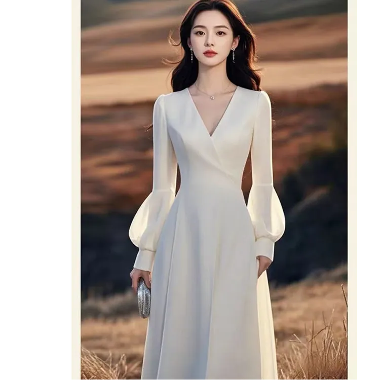 超好看白色连衣裙春季上流社会宴会礼服气质女神范晚礼服高贵气质