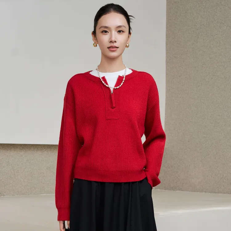 俪妍【LIVELY·YAN】早冬款套头毛衫73718绵羊毛针织红色宽松圆领