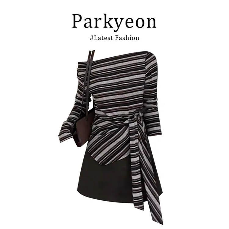 parkyeon2025早秋新款女韩系穿搭露肩系带条纹上衣气质显瘦半身裙