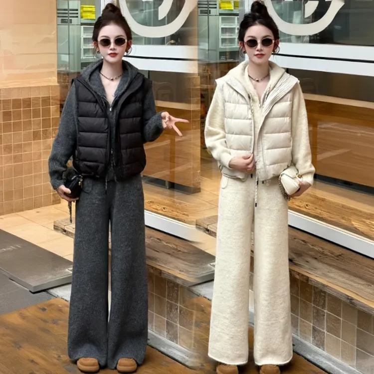 La babite时尚套装2025秋冬新款短款马甲连帽卫衣阔腿裤三件套