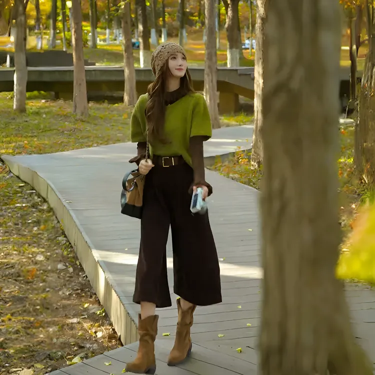 璀璨花朵百搭荷叶花边半高领针织衫+秋季新款休闲高腰七分裤套装