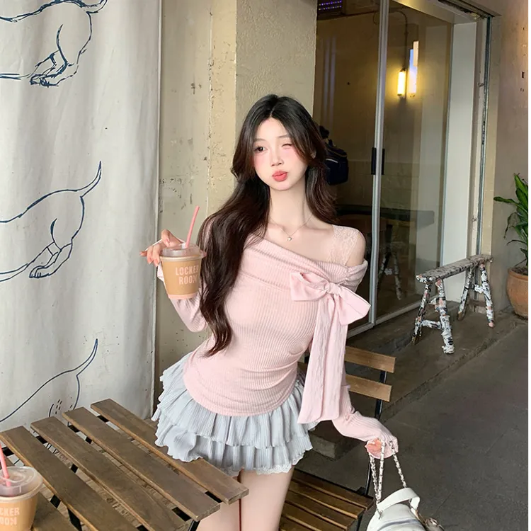 一字肩蝴蝶结长袖女秋冬修身甜美内搭设计感打底衫上衣AC025