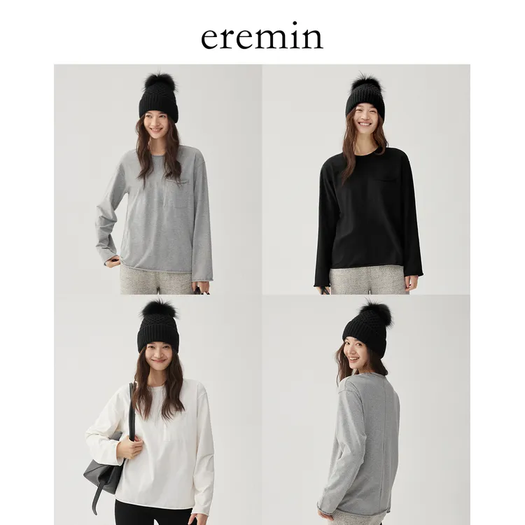 DE Mincollection卷边口袋T/极简舒适棉松弛百搭圆领打底衫56201