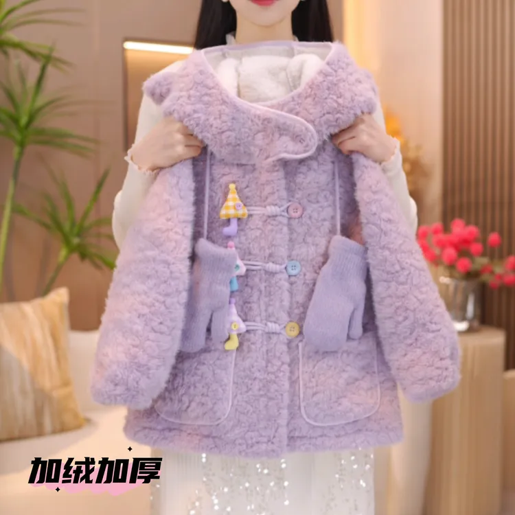 女童加绒毛毛衣外套2025新款韩版可爱百搭加厚保暖中长款大衣潮