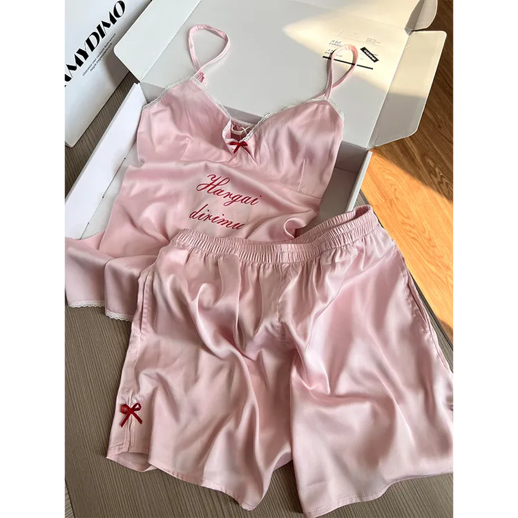 韩系甜美纯欲蝴蝶结冰丝睡衣女夏季新款吊带短裤可外穿家居服套装