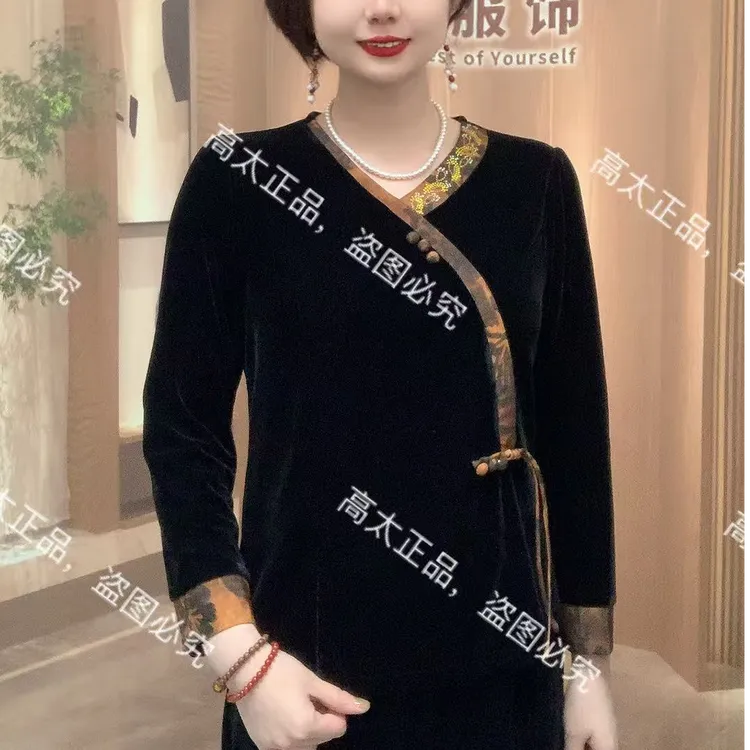 （高太正品）侧襟烫钻流苏金丝绒衫