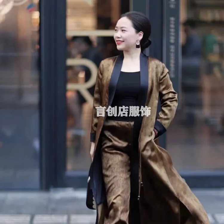 308套装春秋季新款国风中长款醋酸真丝盘扣外套加阔腿裤时尚套装