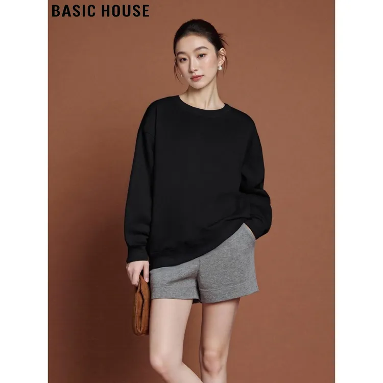 Basic House/百家好慵懒宽松圆领卫衣女2025秋季气质套头打底上衣