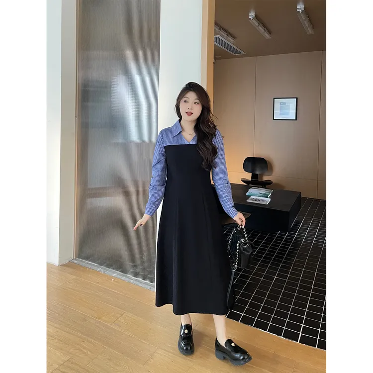 裂渡宣宣【诺丁山】微胖大码女秋显瘦ins假两件拼接连衣裙ZY507V106