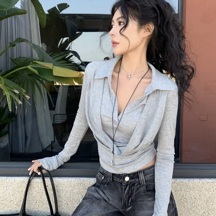 个性百搭长袖T恤春秋新款显瘦辣妹高腰短款小众修身设计感