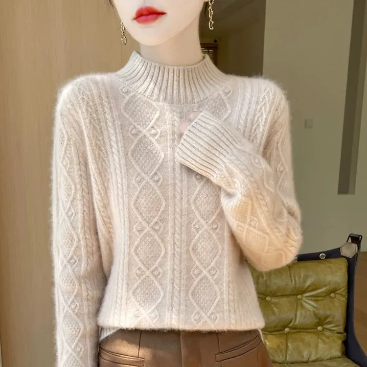 商场同款100%羊绒衫女半高领秋冬宽松舒适百搭提花加厚针织打底衫