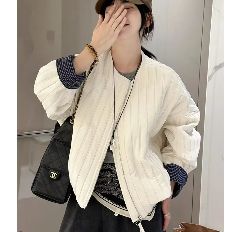 圆领拉链格子袖口撞色短款休闲外套上衣压薄棉衣女