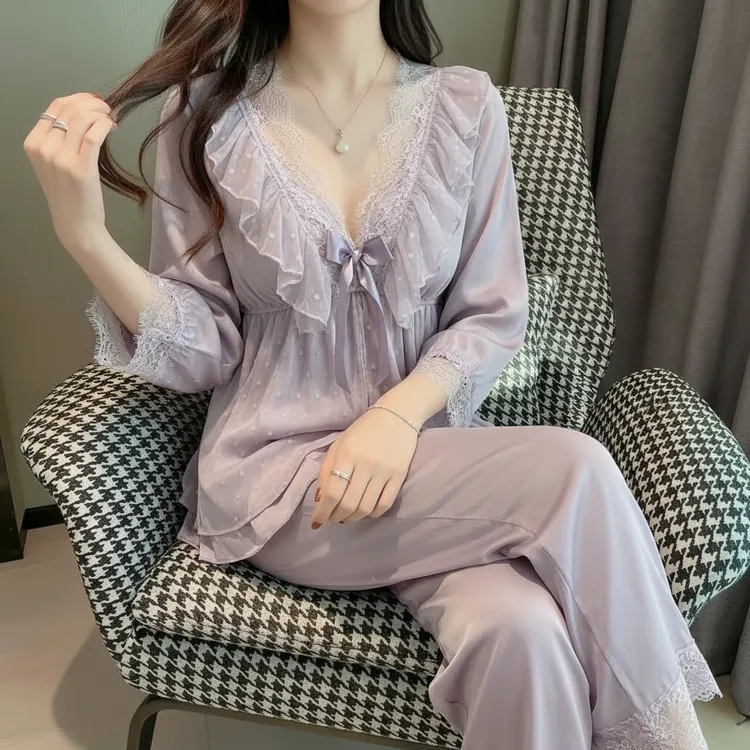 2025新款水光绸睡衣女浅紫色蕾丝花边性感家居服长袖套装可外穿