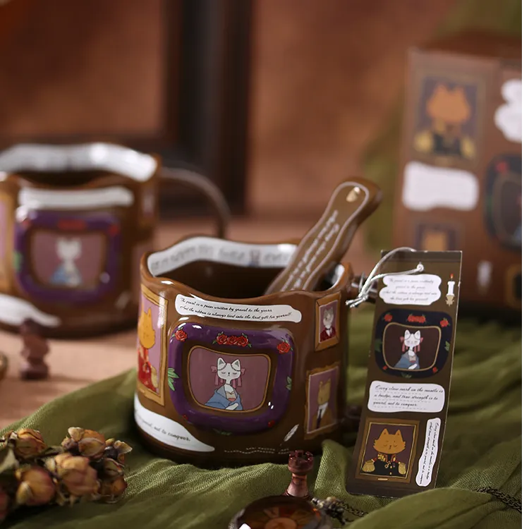 复古法式高颜值陶瓷马克杯大容量喝水杯带勺盖送女生礼物礼盒杯子