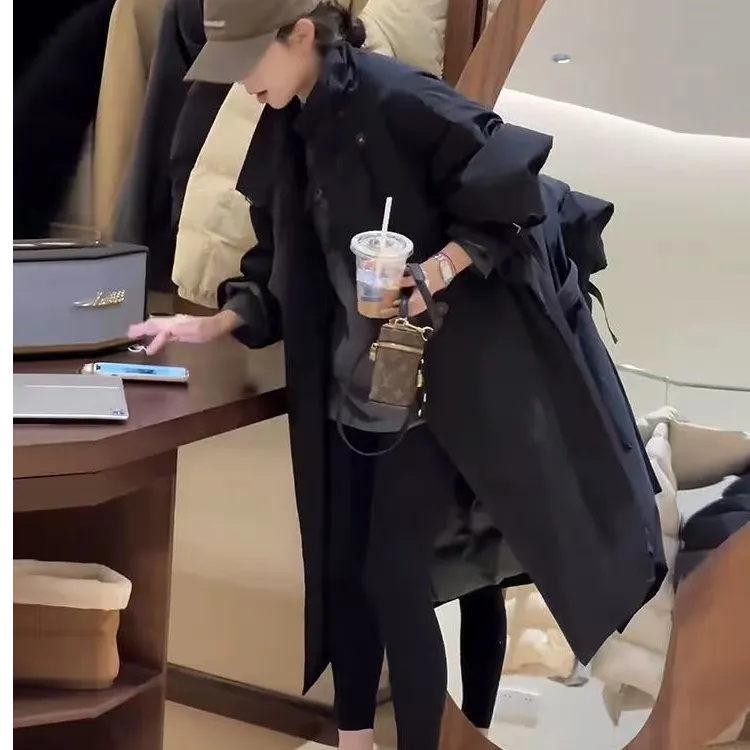 Y韩版黑色风衣女2024冬季新款宽松显瘦加厚中长款派克服外套