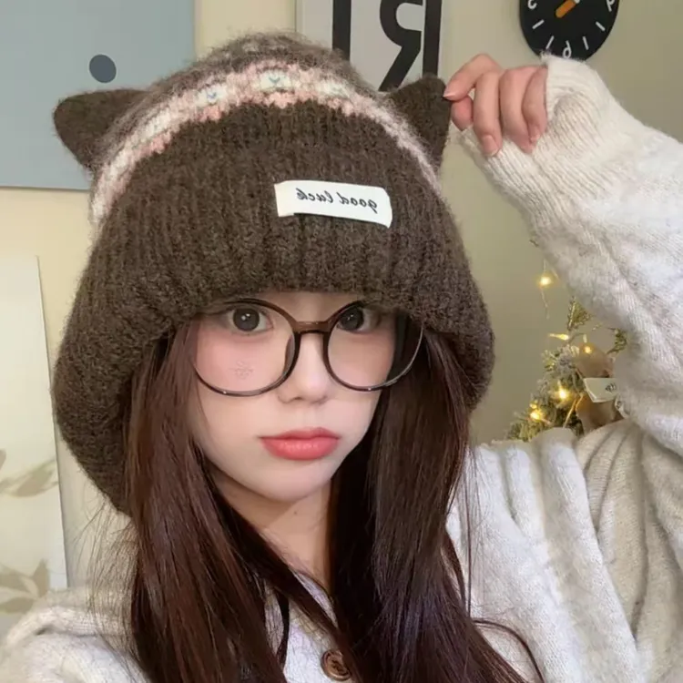【加绒加厚】费尔岛可爱帽子新款甜美加绒针织帽女冬季加厚保暖护耳