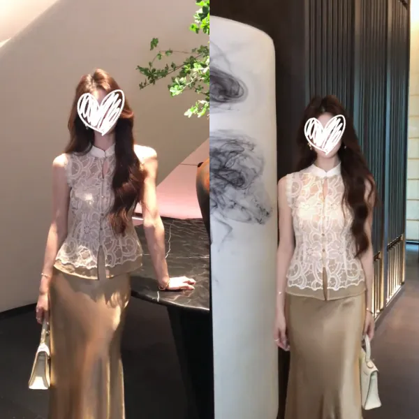 新中式名媛千金套装裙2025夏季蕾丝无袖上衣半身裙时尚气质两件套