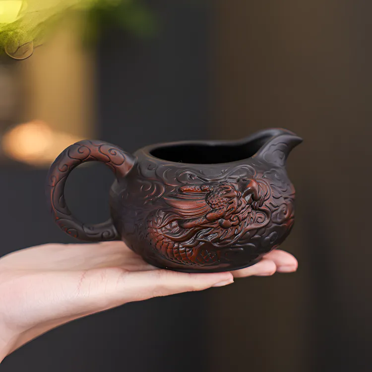 紫陶公道杯浮雕飞龙手工分茶器单个泡茶海家用功夫茶具茶道零配件