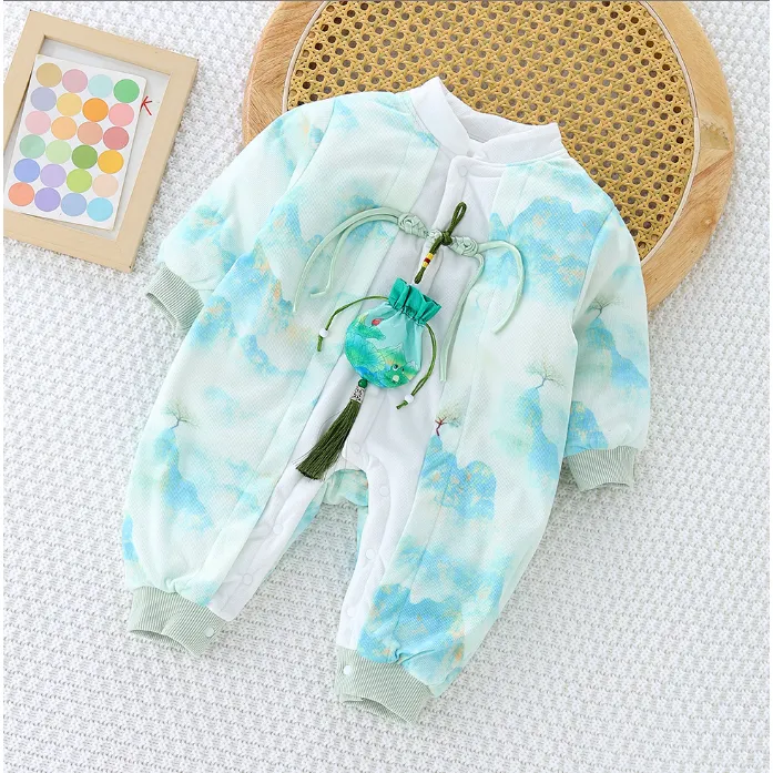 婴儿衣服汉服宝宝山水风拼前门薄棉哈衣外出服爬服