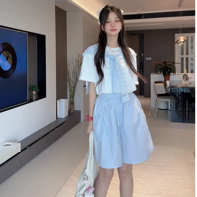 TTY青少年装 2025夏季拱桥绣花洋气披肩短袖两件套上衣279205