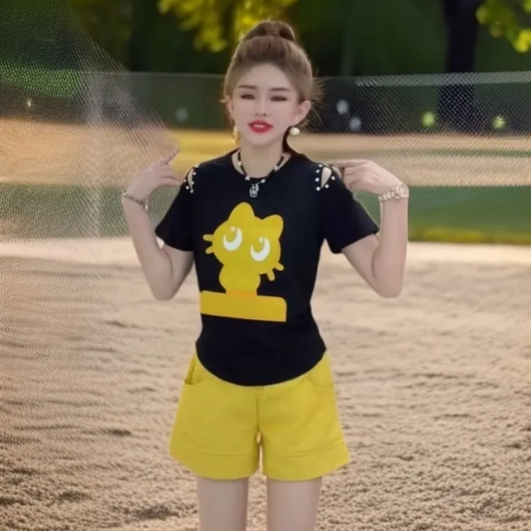 韩版休闲时尚印花铆钉两件套女2025夏季新款洋气百搭显瘦套装女潮