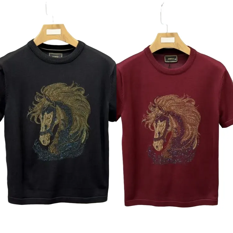 针织冬季针织衫冬季短袖毛衣烫钻圆领马印花提花