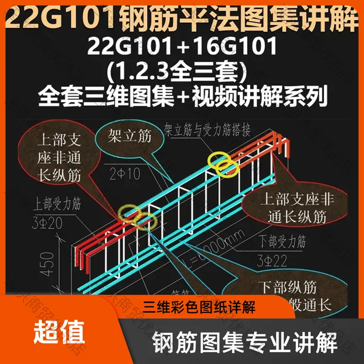 22G101图集视频讲解三维彩色图集钢筋平法结构识图施工图设计算量