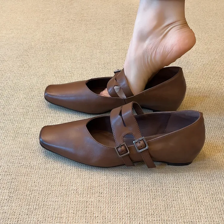 RubyL/3.5cm复古风设计感双扣带百搭通勤方头浅口内增高单鞋女款