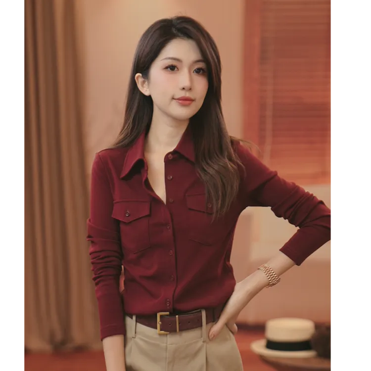 VITALITY COCO【复古格调】设计款休闲百搭复古红长袖衬衫外套-2410