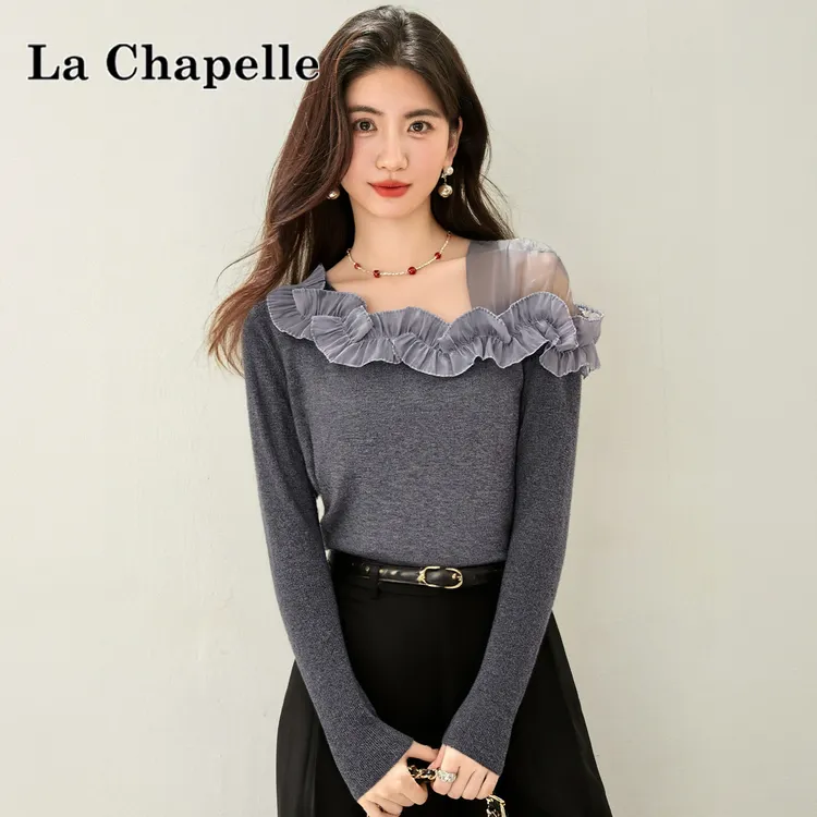 拉夏贝尔纯欲风韩系设计感网纱拼接斜肩长袖女新款高级感打底小衫