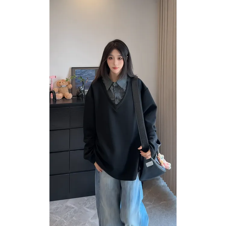 潮牌拼接衬衫领Polo衫男女春秋美式复古长袖T恤百搭宽松休闲卫衣