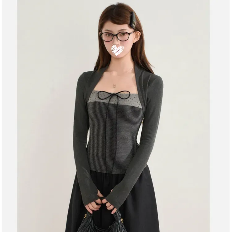 【正版原创】辣妹韩系撞色蝴蝶结系带波点元素坎肩假两件上衣T恤女