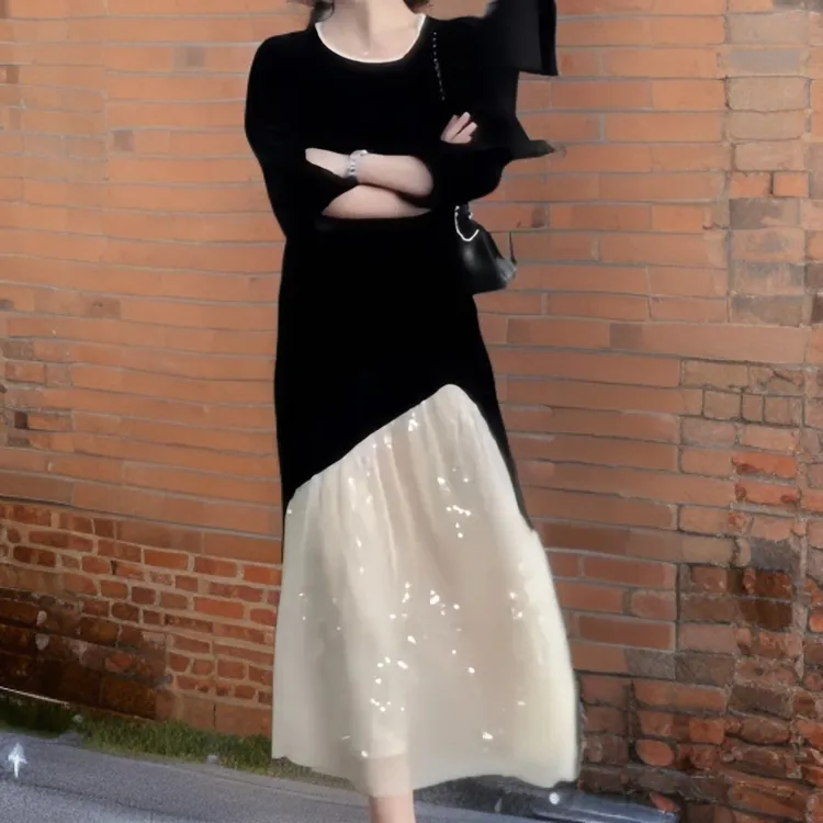 法式黑色拼接连衣裙女秋季新款气质大码胖mm显瘦赫本风高级感长裙