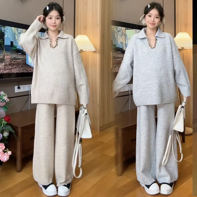 2025秋冬新款韩版V领设计感气质时尚休闲宽松大码外穿孕妇两件套