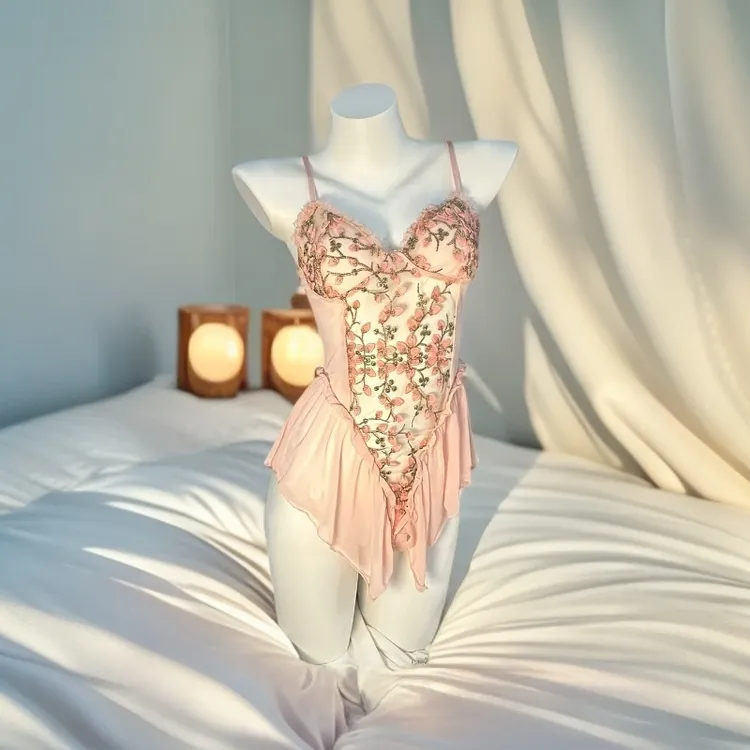 【80-120斤】性感纯欲深V睡裙蕾丝碎花露背睡衣法式镂空吊带纯欲风