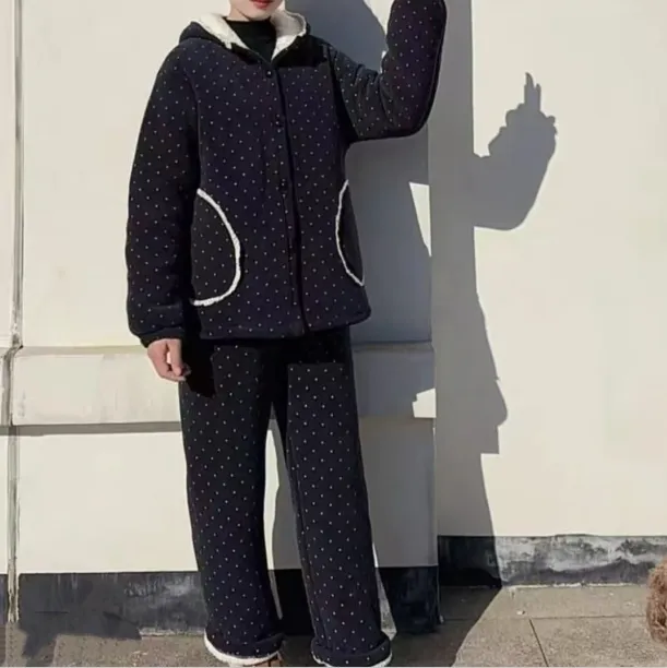 （03款）波点厚款冬季睡衣三层加厚女冬款保暖连帽家居服套装休闲 
