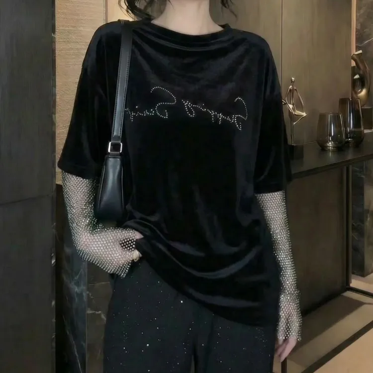 【钻钻T】2026新款百搭显瘦设计感T恤闪钻假两件上衣LK2509375
