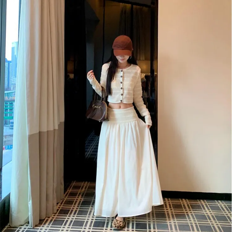 小香风白色长袖条纹连衣裙子套装女2025早秋新款半身长裙ootd穿搭