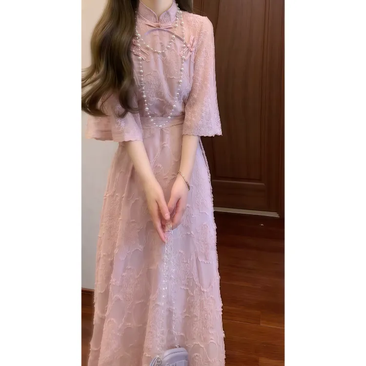 法式温柔复古改良旗袍连衣裙少女日常款系带收腰显瘦气质长裙9117