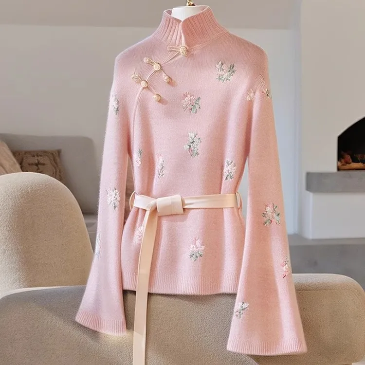 独特漂亮上衣女秋冬高级感气质新中式轻国风粉色印花高领针织毛衣