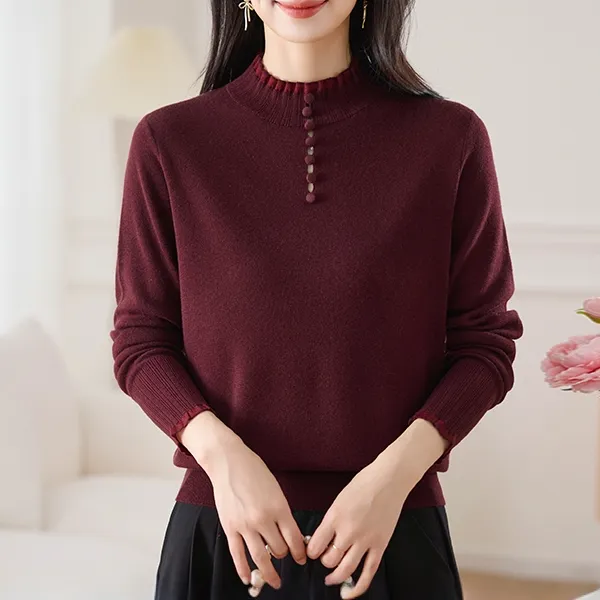 春秋新款女装蕾丝花边木耳领半高领打底衫内搭洋气毛衣中年妈妈装