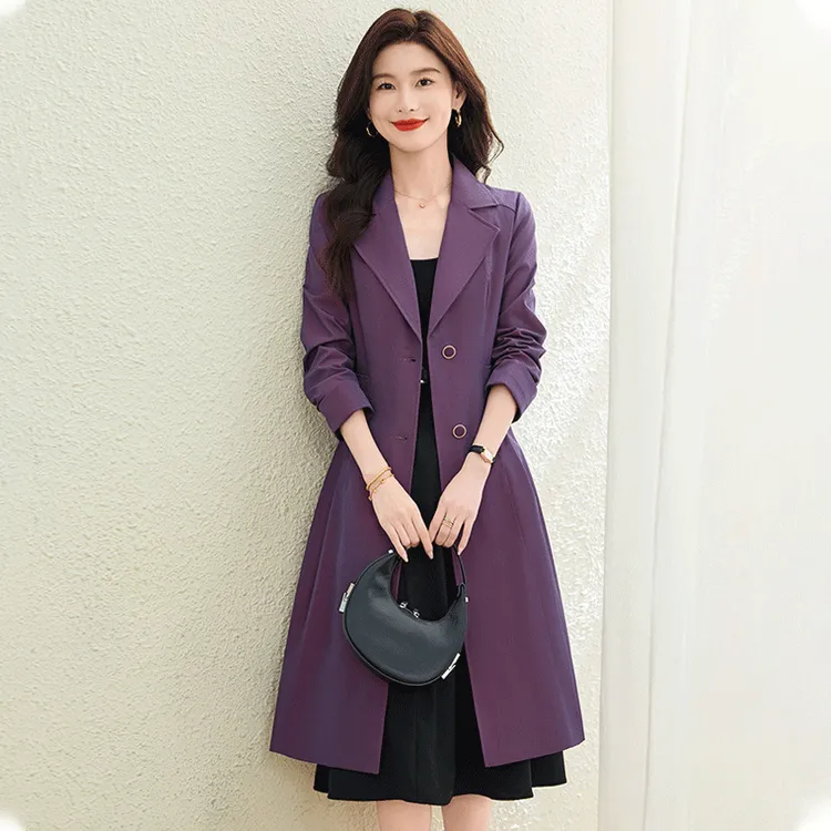 杭州意法风衣外套女春秋2025新款今年流行爆款妈妈中长款紫色大衣