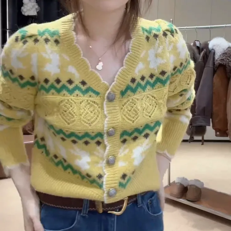 冬季氛围感彩色V领毛针织长袖时尚百搭上衣LK2509022