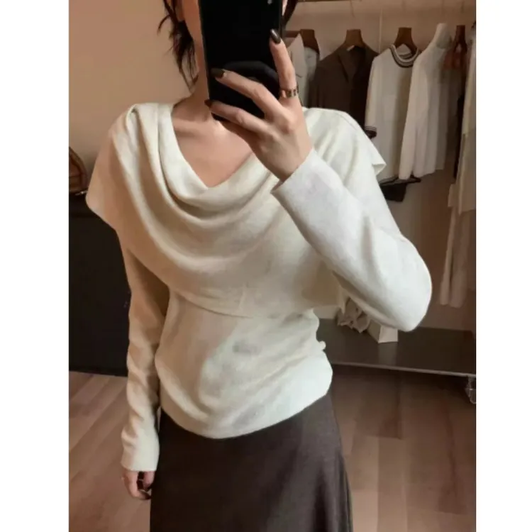 简约日常通勤气质针织衫+百搭显瘦休闲荡领披肩两件套装女秋季